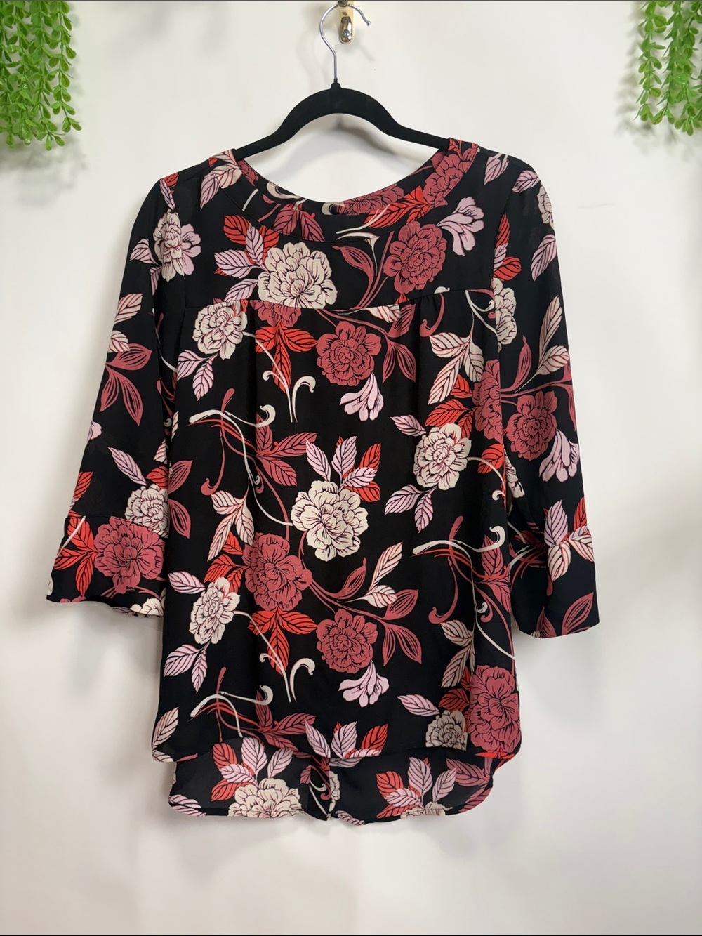 Banana Republic Black Floral Tunic with Pink & Red Blooms